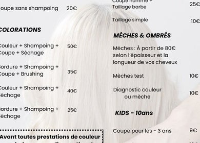 Menu des services de coiffure à L'atelier de Marion, Sauzé-entre-bois, Nouvelle-aquitaine, FR.
