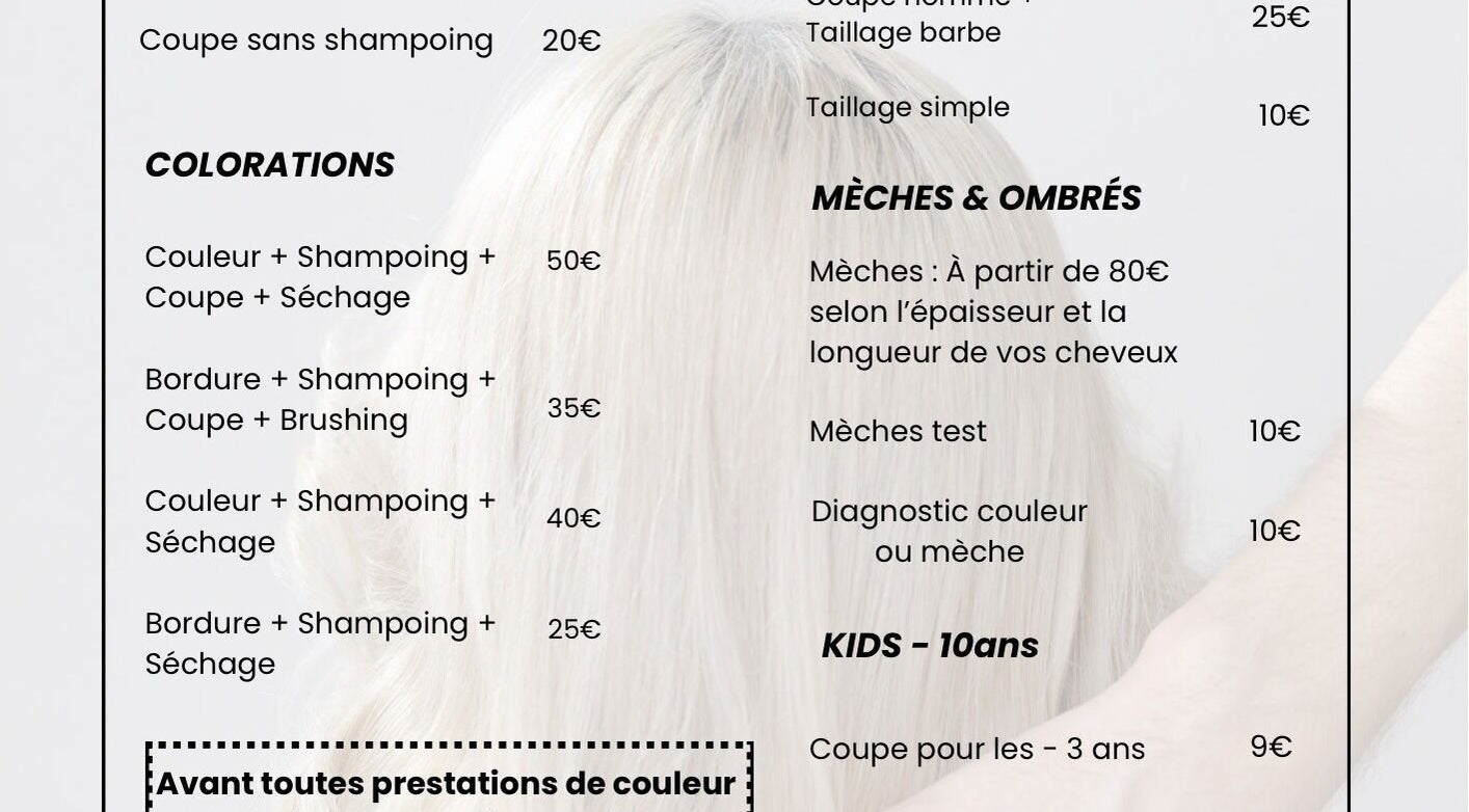 Menu des services de coiffure à L'atelier de Marion, Sauzé-entre-bois, Nouvelle-aquitaine, FR.