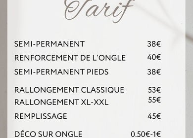 Menu tarif manucure à L'atelier de Marion, Sauzé-entre-bois, Nouvelle-aquitaine, FR.