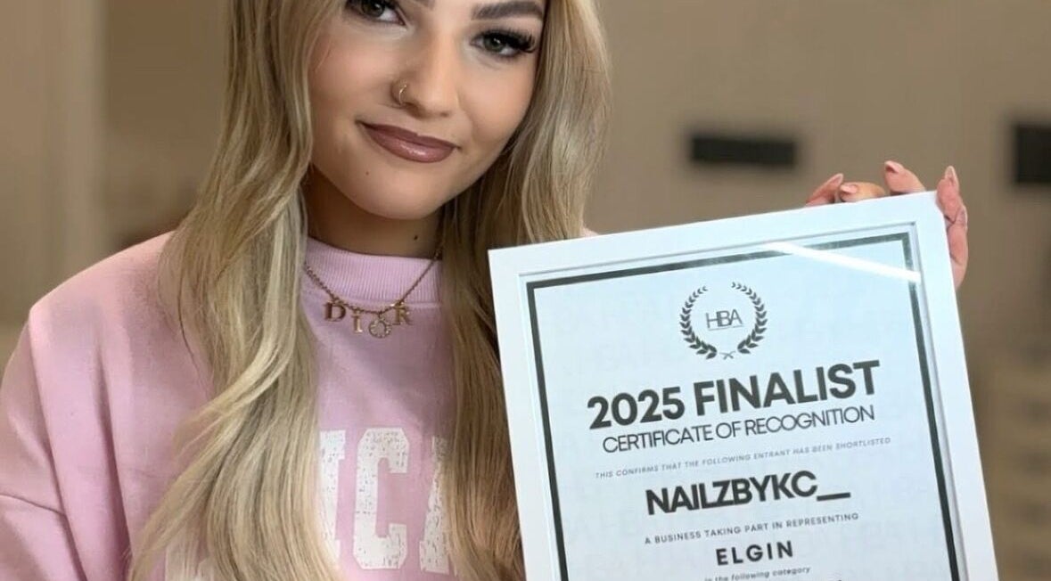 Nails By Kc in Elgin, Scotland displays a finalist certificate, showcasing achievement in beauty excellence.