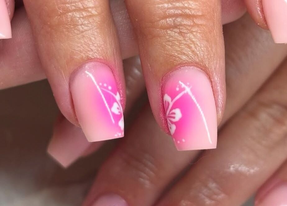 Pink gradient nails with floral art at Nails By Kc, Elgin, Scotland, GB.