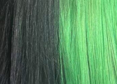 Black and vibrant green hair strands at Becky's Hairdressing mobile in Woodsetts, England, GB.