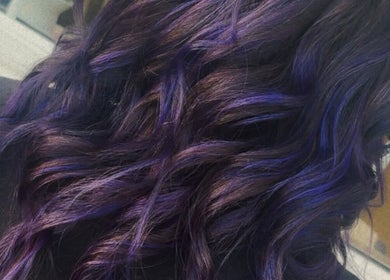 Close-up of wavy violet toned hair styled by Becky’s Hairdressing mobile in Woodsetts, England, GB.