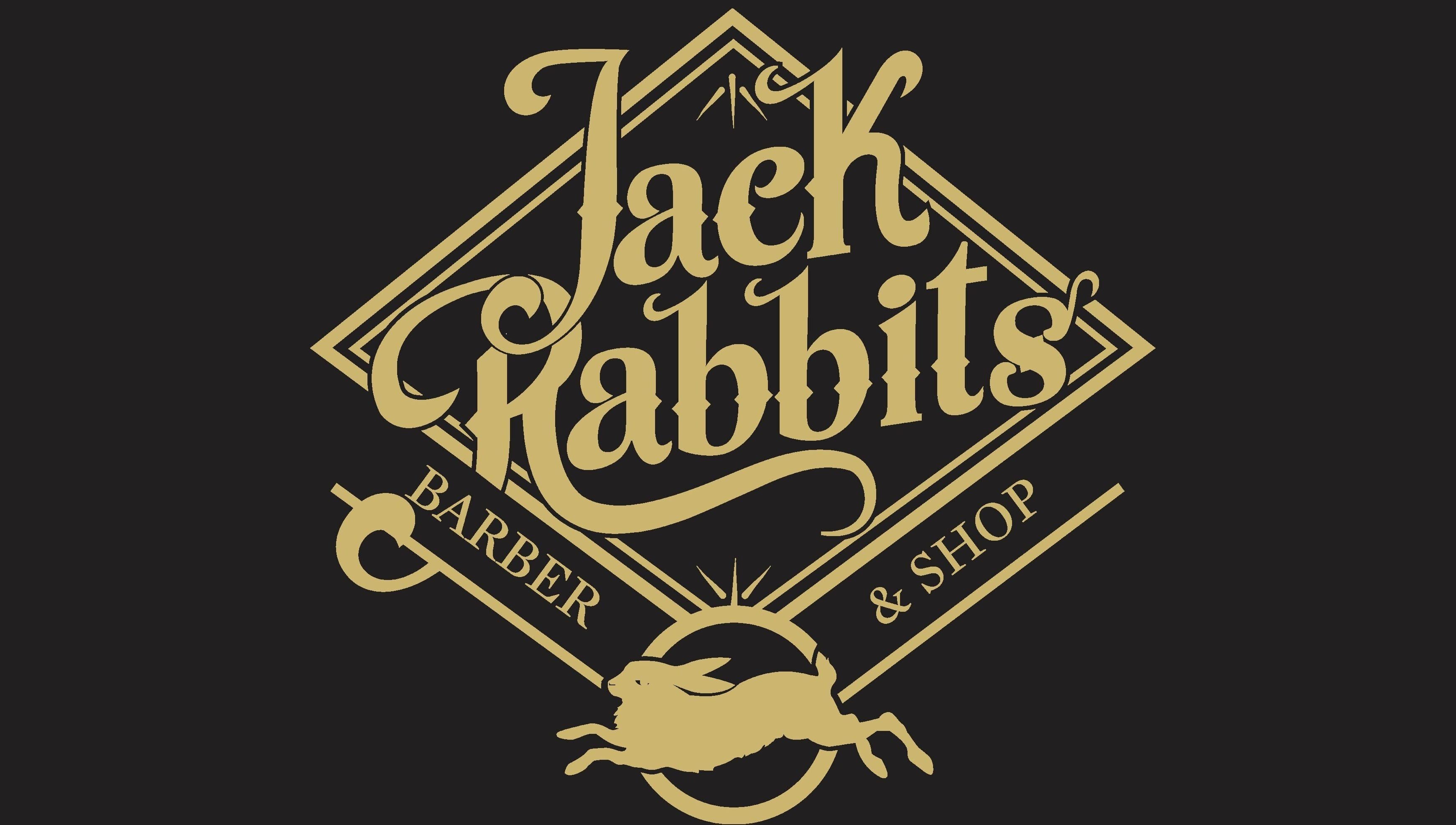 Elegant logo of Jack Rabbits Barbers Romsey, featuring gold font and rabbit, located in Romsey, England, GB.