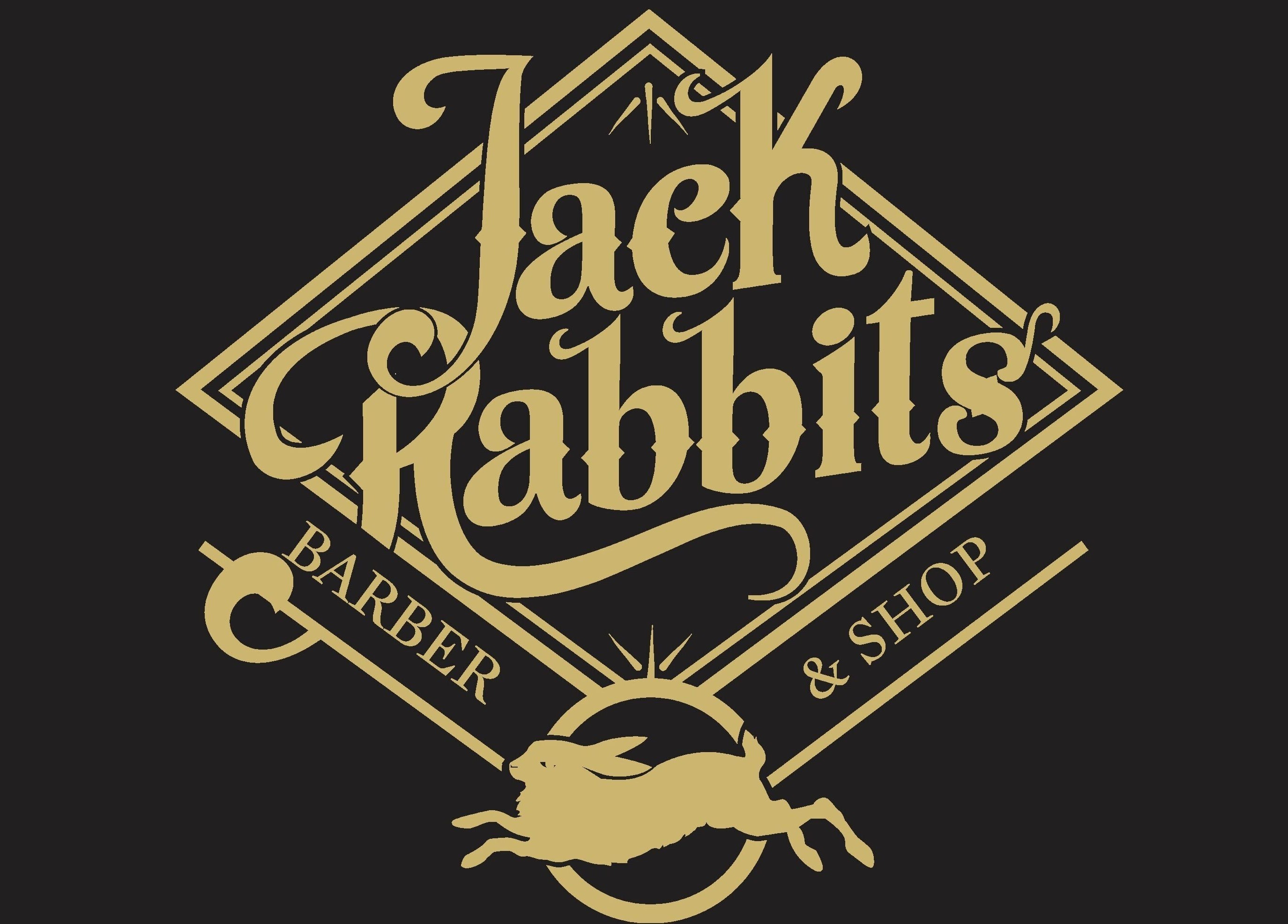 Elegant logo of Jack Rabbits Barbers Romsey, featuring gold font and rabbit, located in Romsey, England, GB.