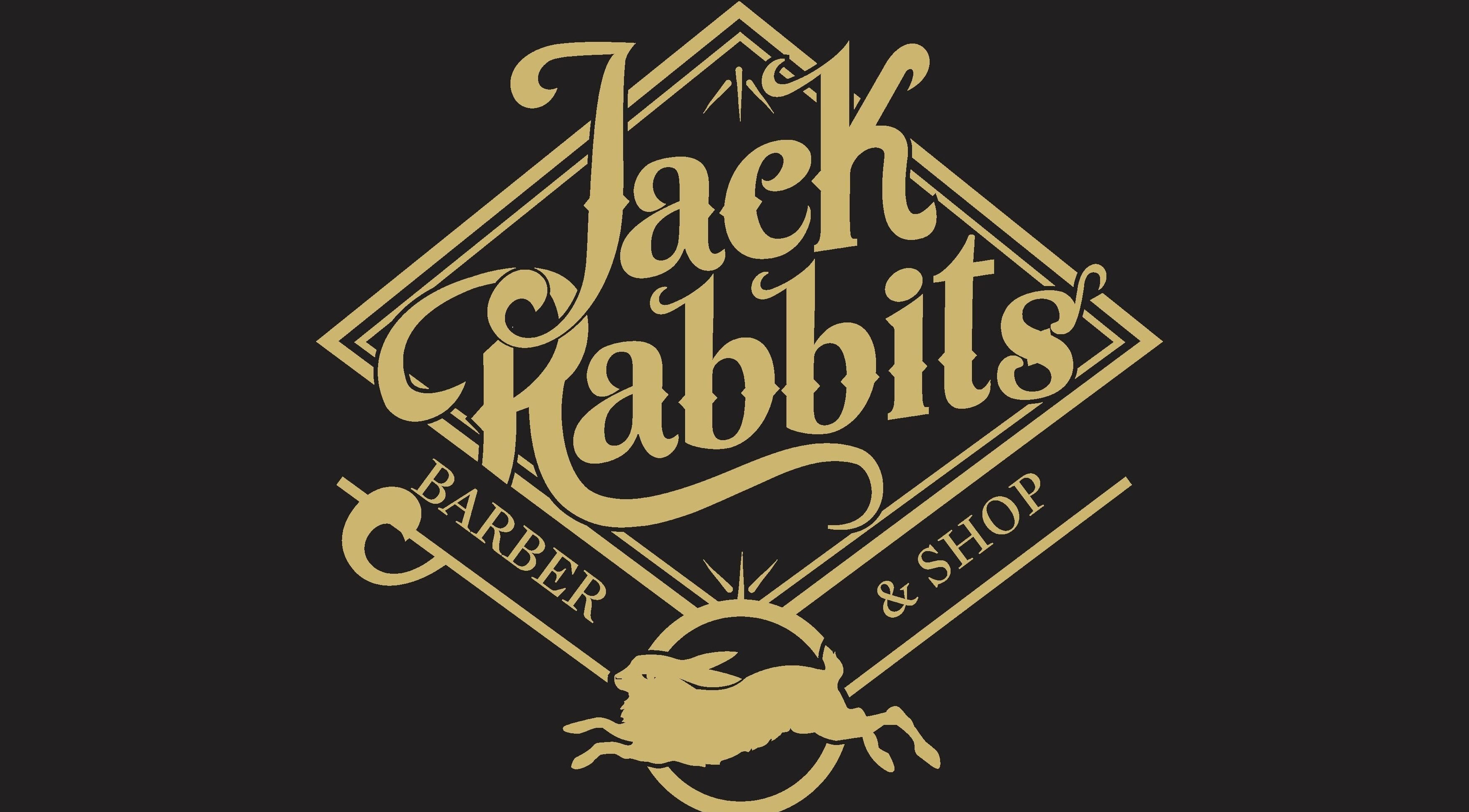 Elegant logo of Jack Rabbits Barbers Romsey, featuring gold font and rabbit, located in Romsey, England, GB.