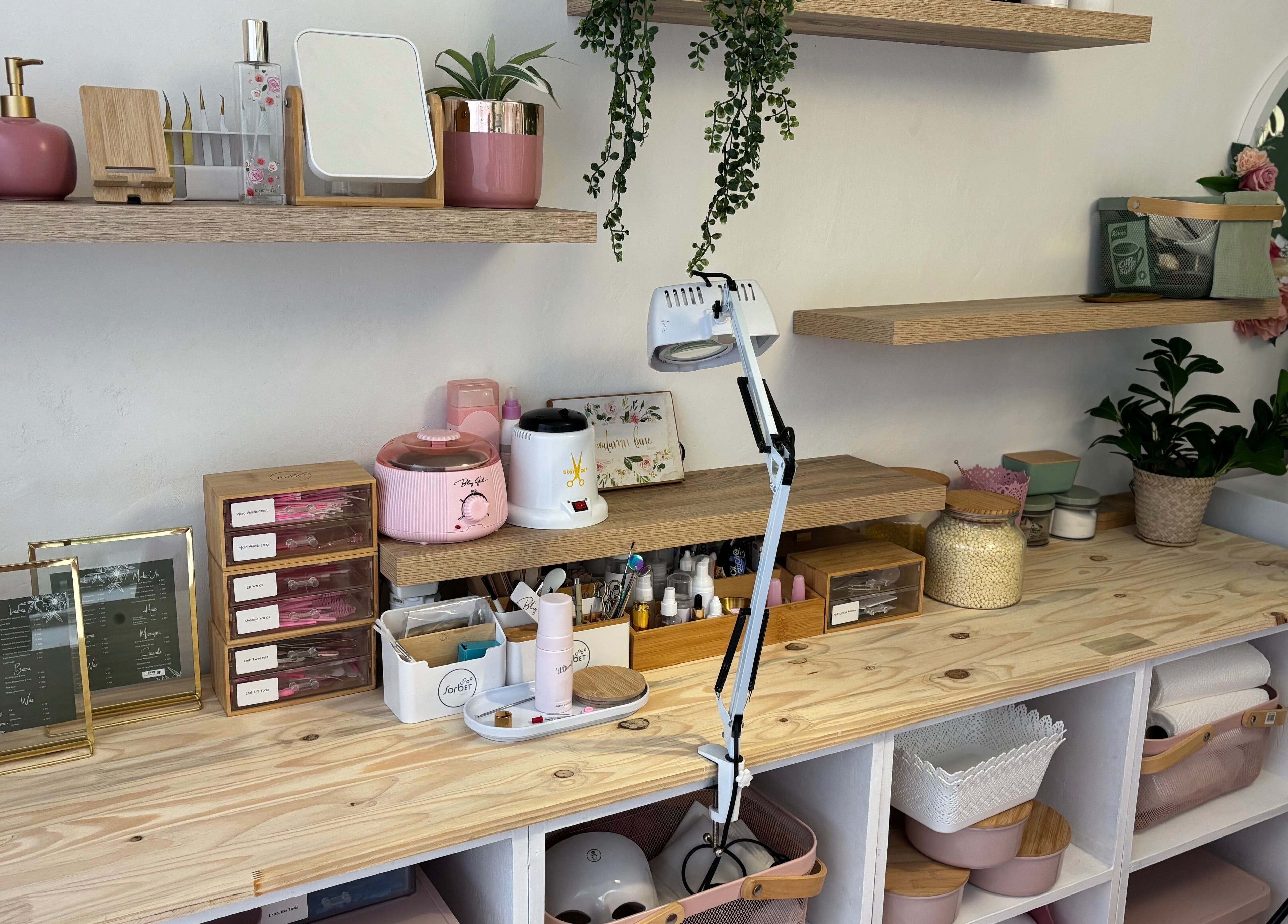Elegant beauty workspace at Autumn Lane Beauty in Margate, Kwazulu-natal, ZA. Neatly arranged beauty tools and decor.