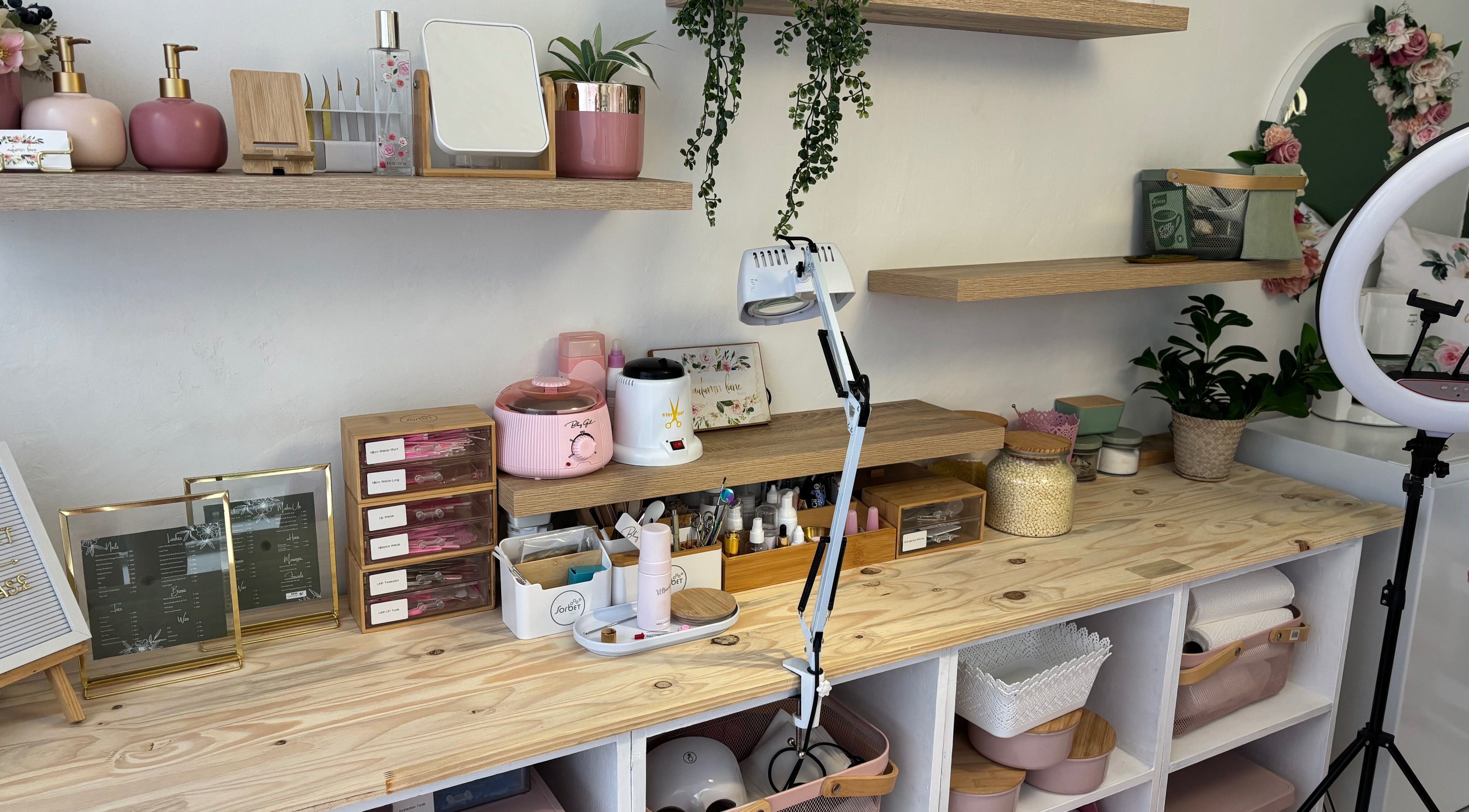 Elegant beauty workspace at Autumn Lane Beauty in Margate, Kwazulu-natal, ZA. Neatly arranged beauty tools and decor.