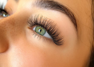 Close-up of stunning lash extensions at Luxe Lash Studio in Dana Point, California, US.