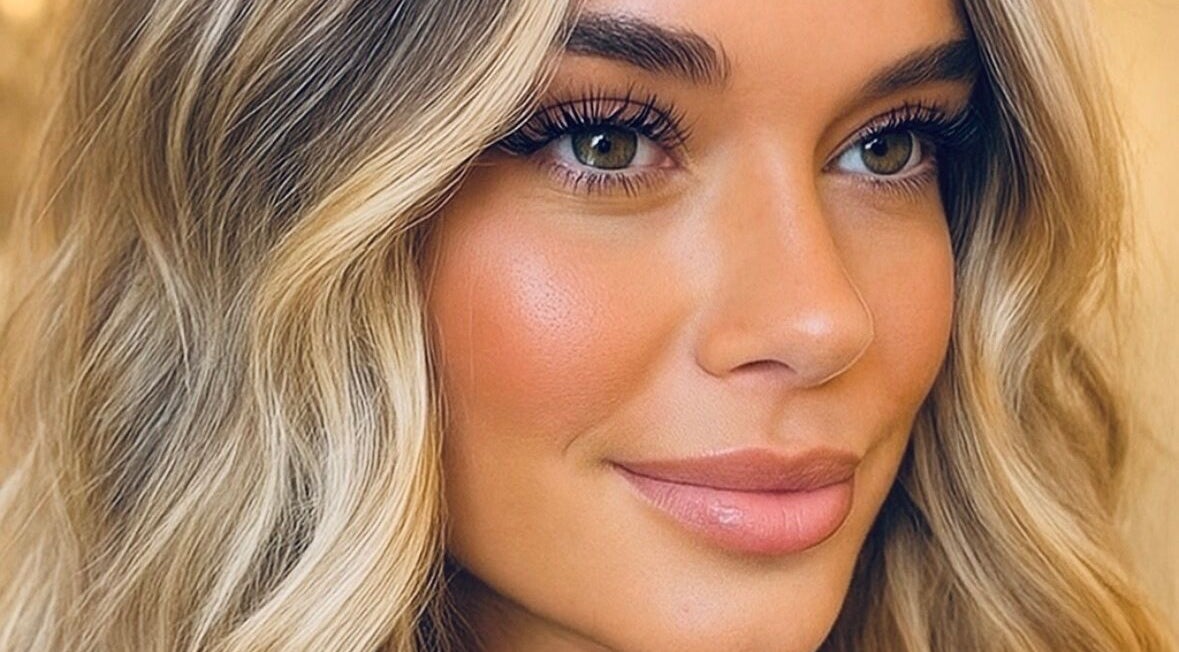 Close-up of a woman's face showcasing stunning lashes at Luxe Lash Studio, Dana Point, California, US.