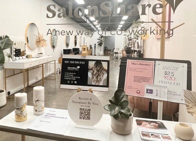 Interior view of KeratinbyYing @apt.hair in Richmond, Victoria, AU, showcasing modern salon decor and promotional materials.