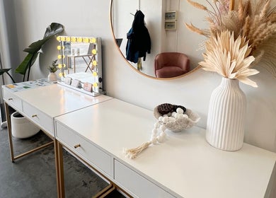 Chic vanity setup at Keratin by Ying at Apt Hair, Richmond, Victoria, AU with decorative accents.
