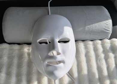 LED facial mask on a luxurious pillow at Island Beauty Labs, Nanaimo, British Columbia, CA.