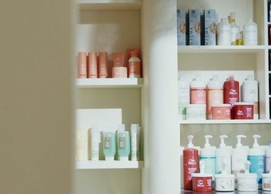 Hair care products on shelves at Mahshid hair club, Muscat, Muscat Governorate, OM.