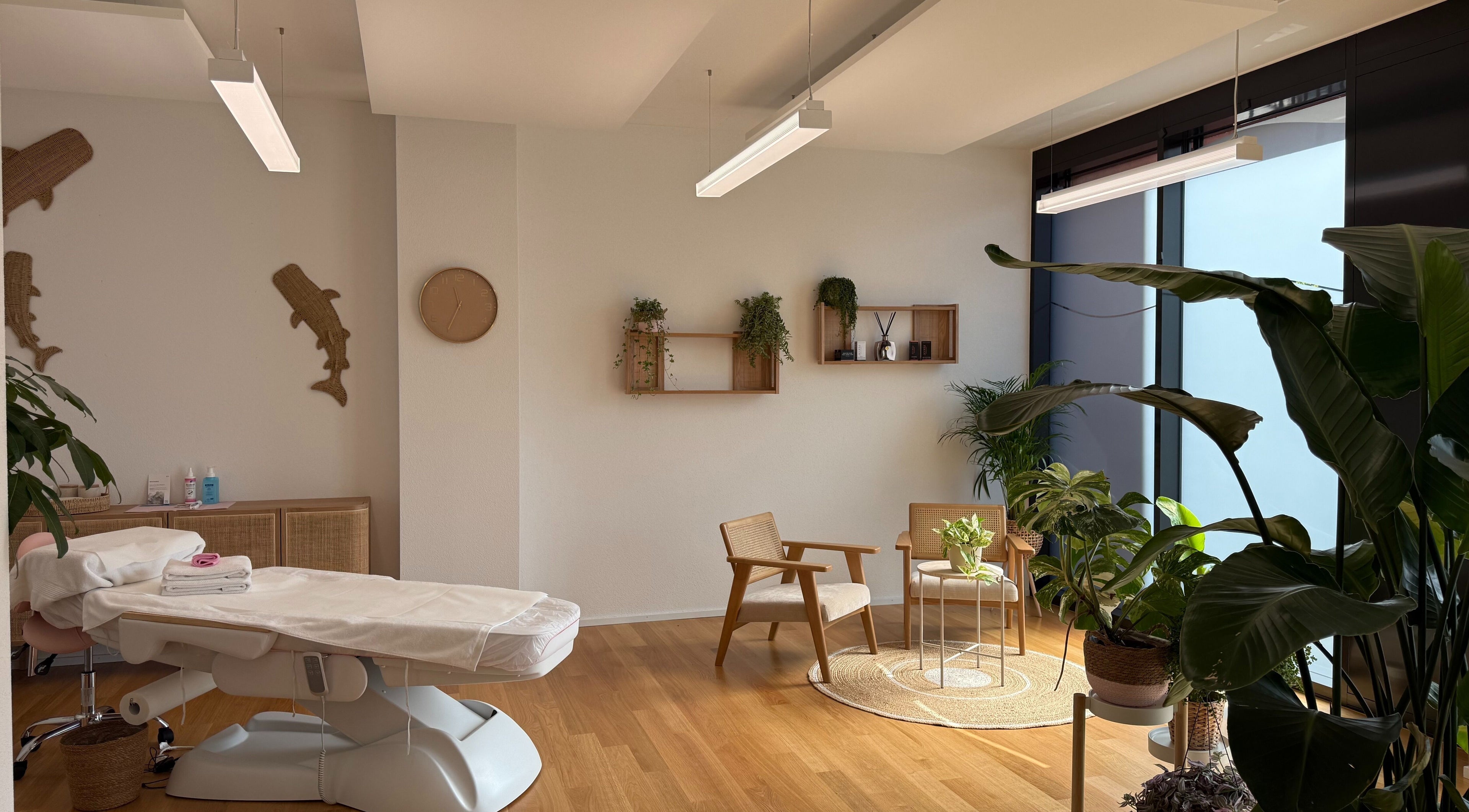 Helle und stilvolle Behandlungskabine bei Ästhetikoase Landa in Ebikon, Luzern, CH mit modernen Pflanzen und Möbeln.