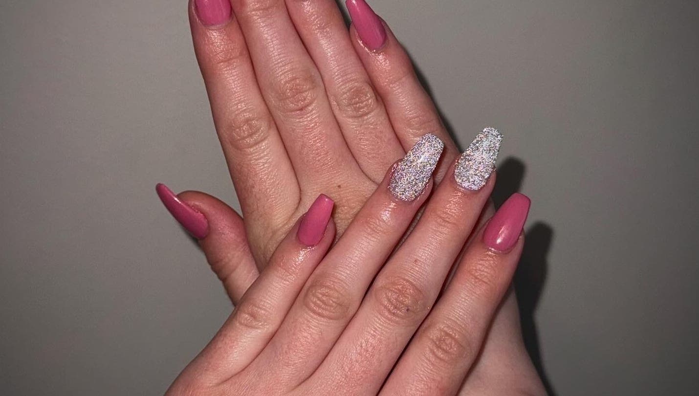 Elegant pink and glitter nails at Ethereal Nails, Eyrewell Forest, Canterbury Region, NZ.