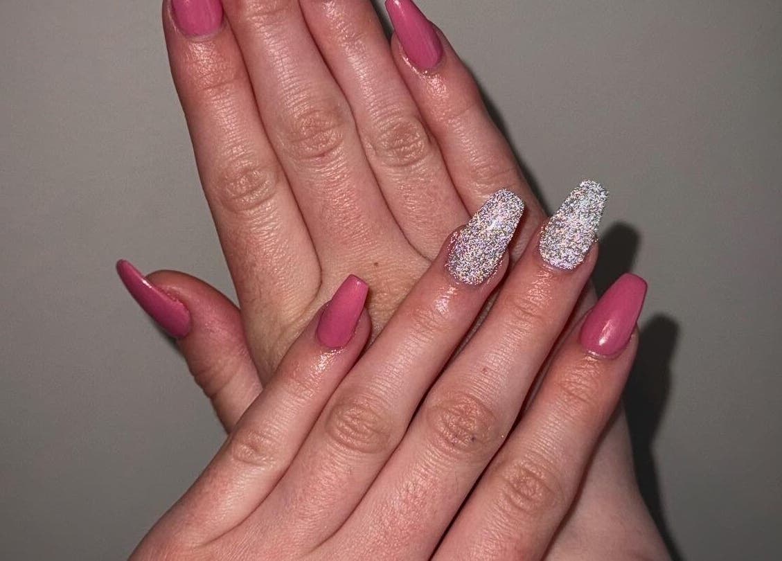 Elegant pink and glitter nails at Ethereal Nails, Eyrewell Forest, Canterbury Region, NZ.