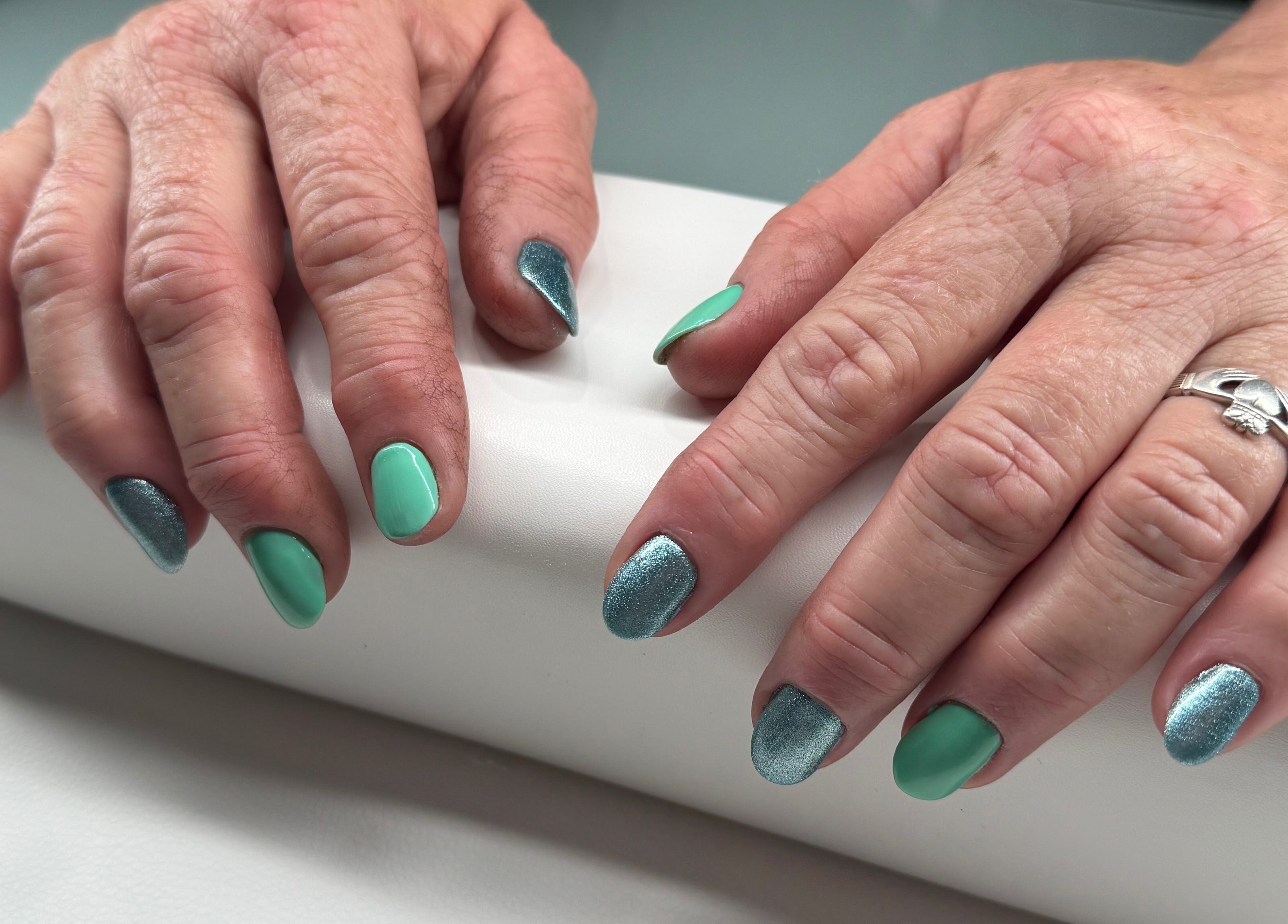 Aqua and glitter nails at Ethereal Nails, Eyrewell Forest, Canterbury Region, NZ. Modern and stylish manicure.