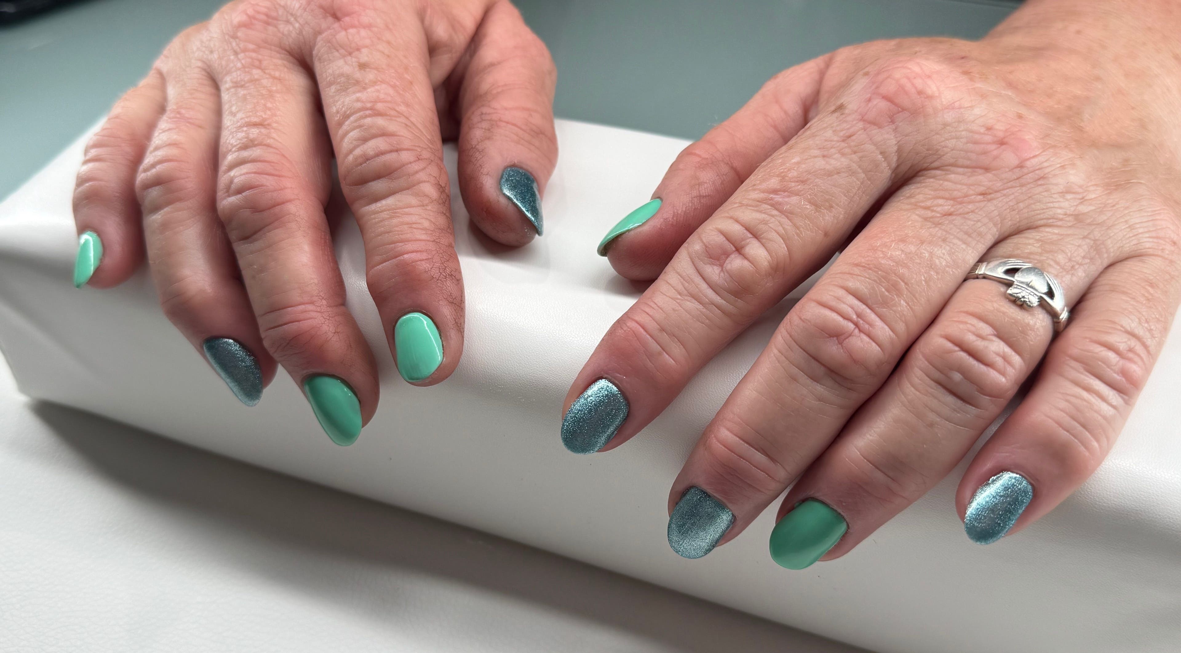 Aqua and glitter nails at Ethereal Nails, Eyrewell Forest, Canterbury Region, NZ. Modern and stylish manicure.