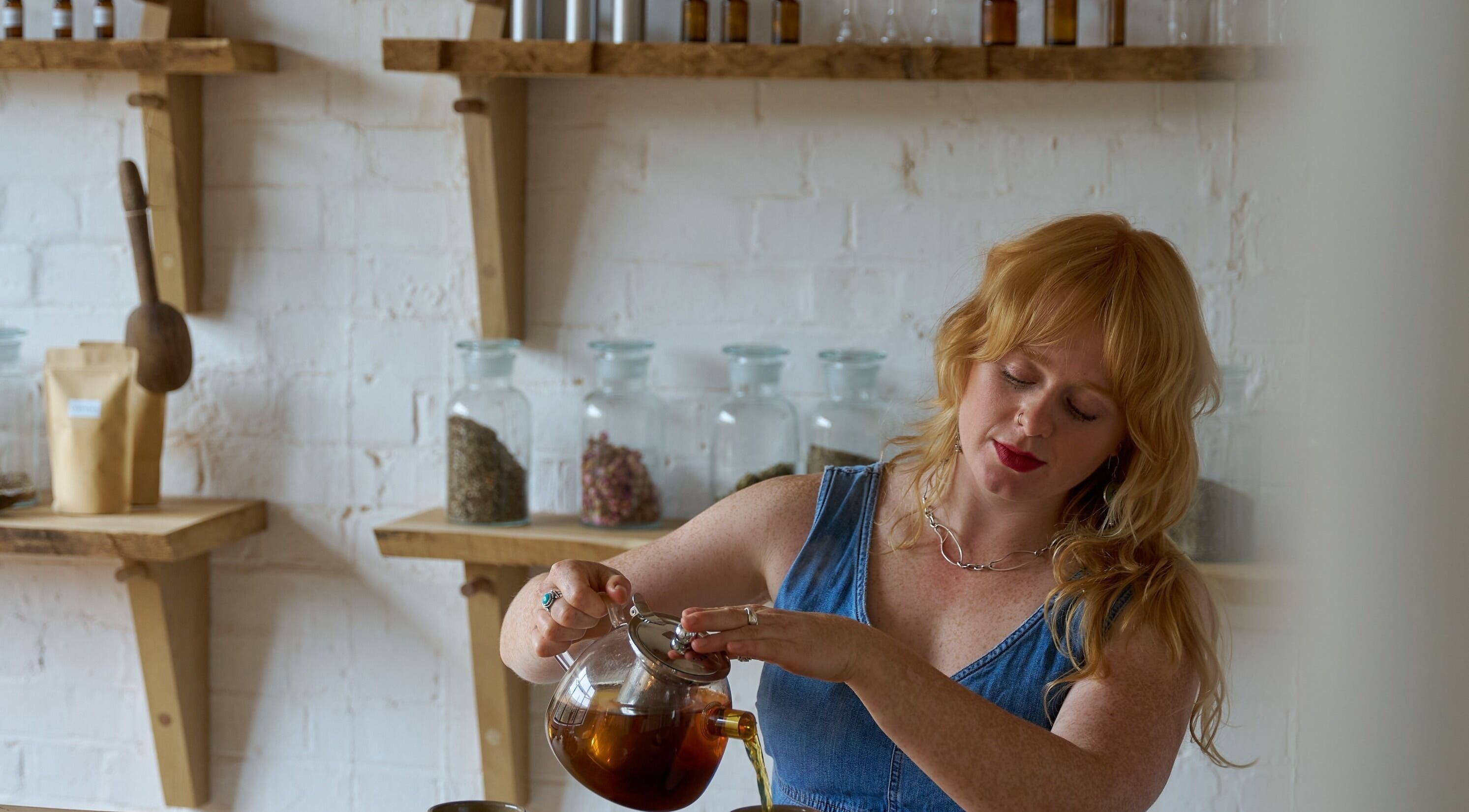 Cassie Adams Acupuncture at In Our Neighbourhood Apothecary, London, England, GB, featuring herbal tea preparation.