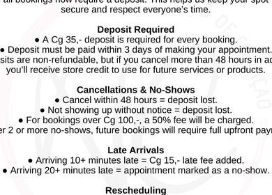 Booking policies at Naturals of Curaçao, Willemstad, Curaçao, detailing deposits, cancellations, and rescheduling.