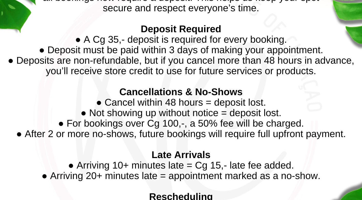 Booking policy details for Naturals of Curaçao in Willemstad, Curaçao, CW with deposit and cancellation info.