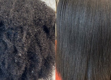Before and after of hair transformation at Estella Dominican Hair Salon, Greenacres, Florida, US.