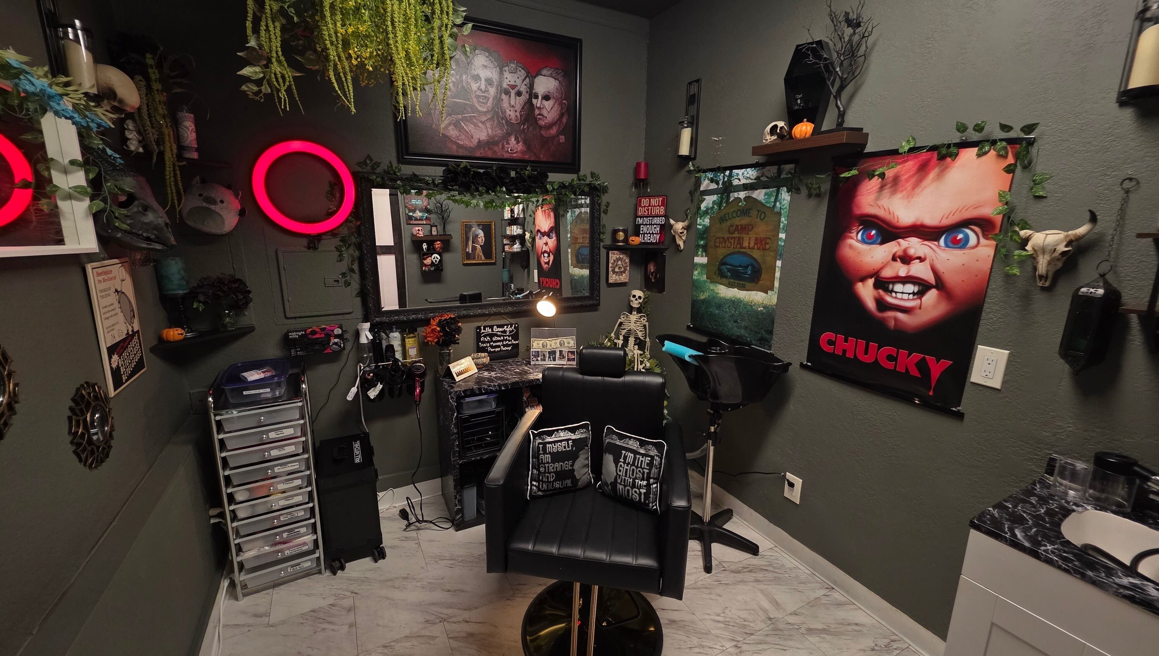 Edgy salon interior featuring horror decor at Shae Shears in Murrieta, California, US—a unique beauty haven.