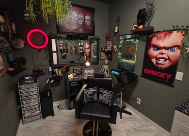 Edgy salon interior featuring horror decor at Shae Shears in Murrieta, California, US—a unique beauty haven.