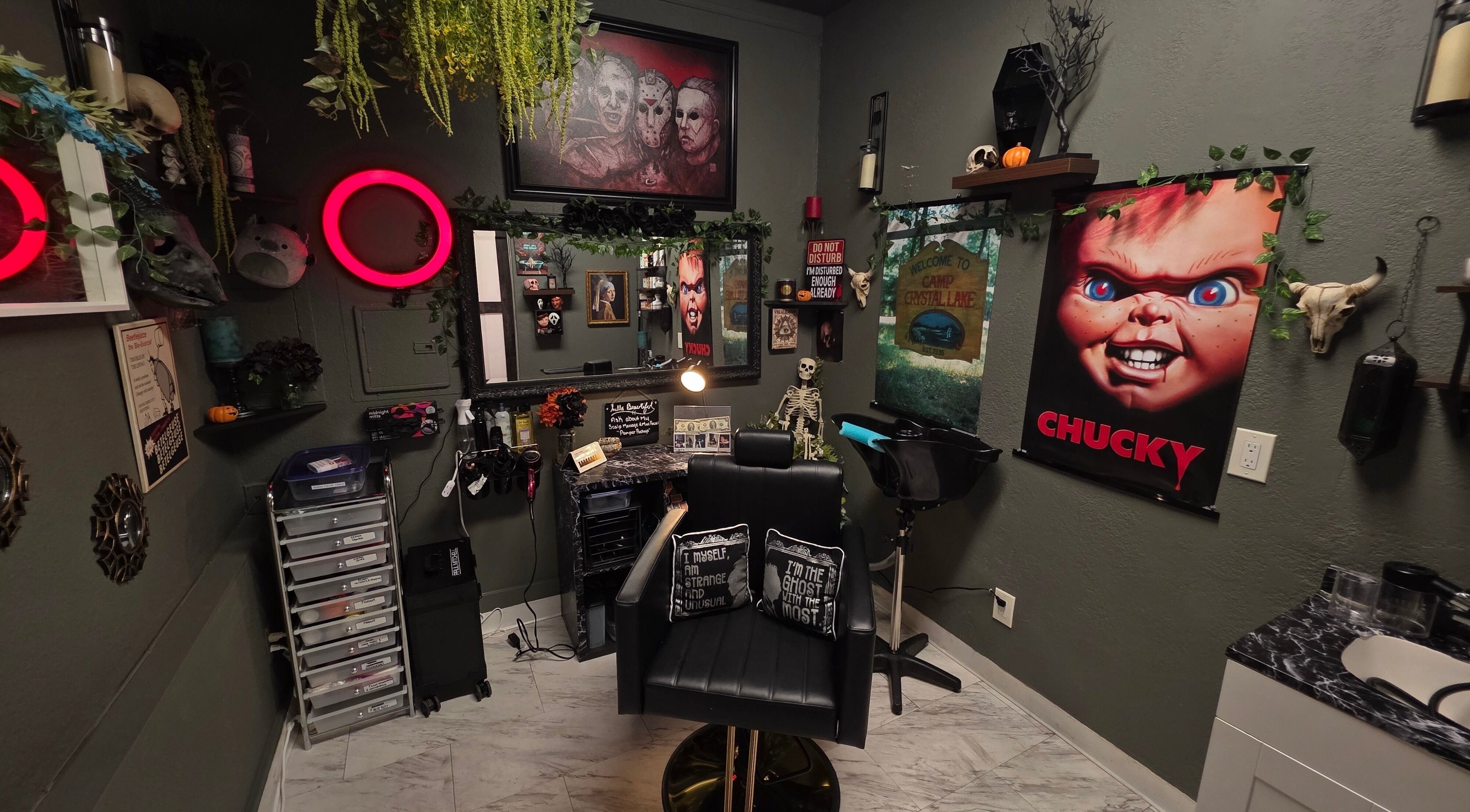 Edgy salon interior featuring horror decor at Shae Shears in Murrieta, California, US—a unique beauty haven.