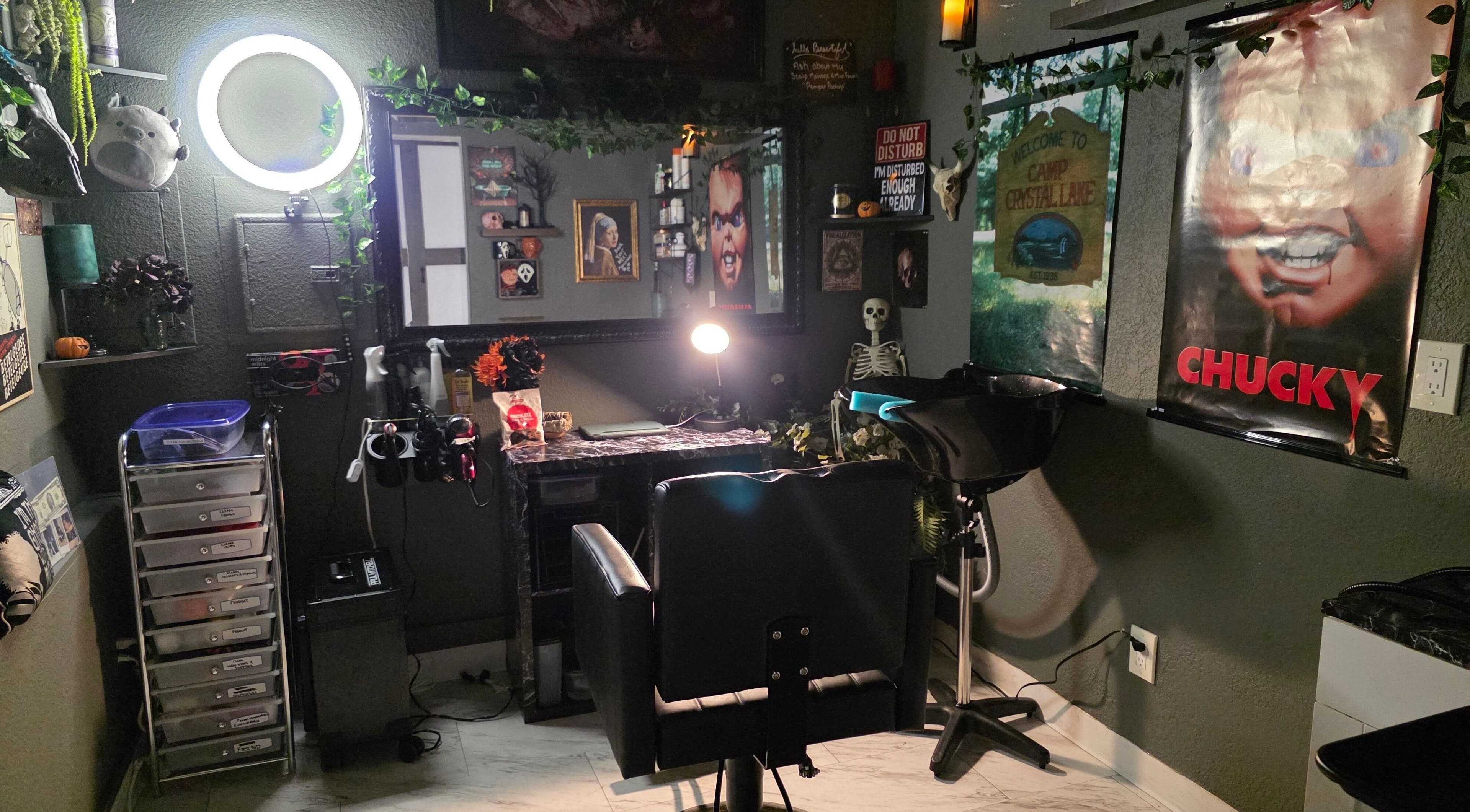 Trendy beauty station at Shae Shears, Murrieta, California, US, featuring chic decor and modern styling tools.