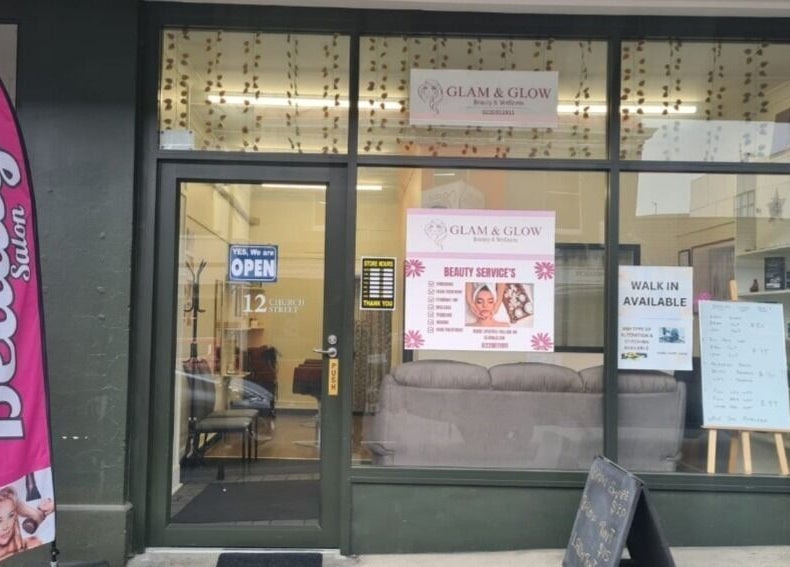 Entrance of Glam&Glow beauty salon, located at Timaru, Canterbury Region, NZ with signage and welcoming decor.