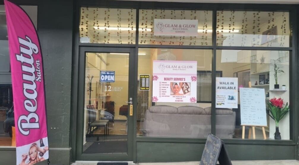 Entrance of Glam&Glow beauty salon, located at Timaru, Canterbury Region, NZ with signage and welcoming decor.