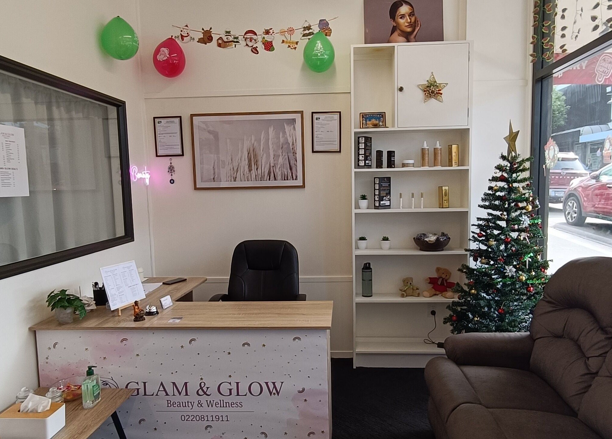 Cozy reception area at Glam&Glow, Timaru, Canterbury Region, NZ, beautifully decorated for the festive season.