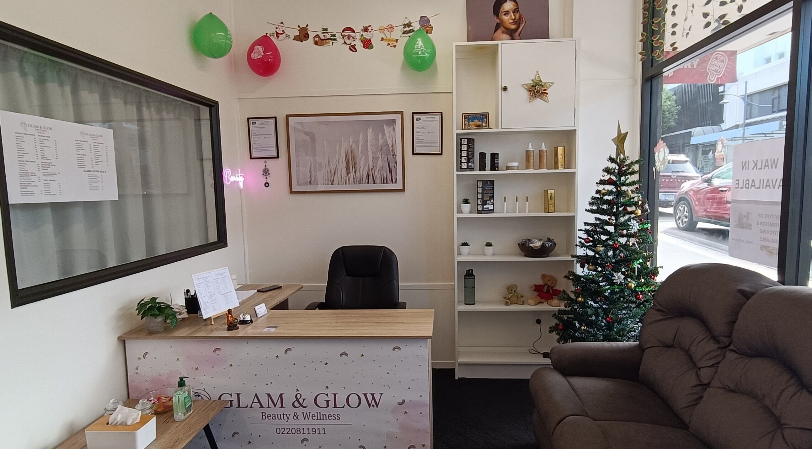 Cozy reception area at Glam&Glow, Timaru, Canterbury Region, NZ, beautifully decorated for the festive season.