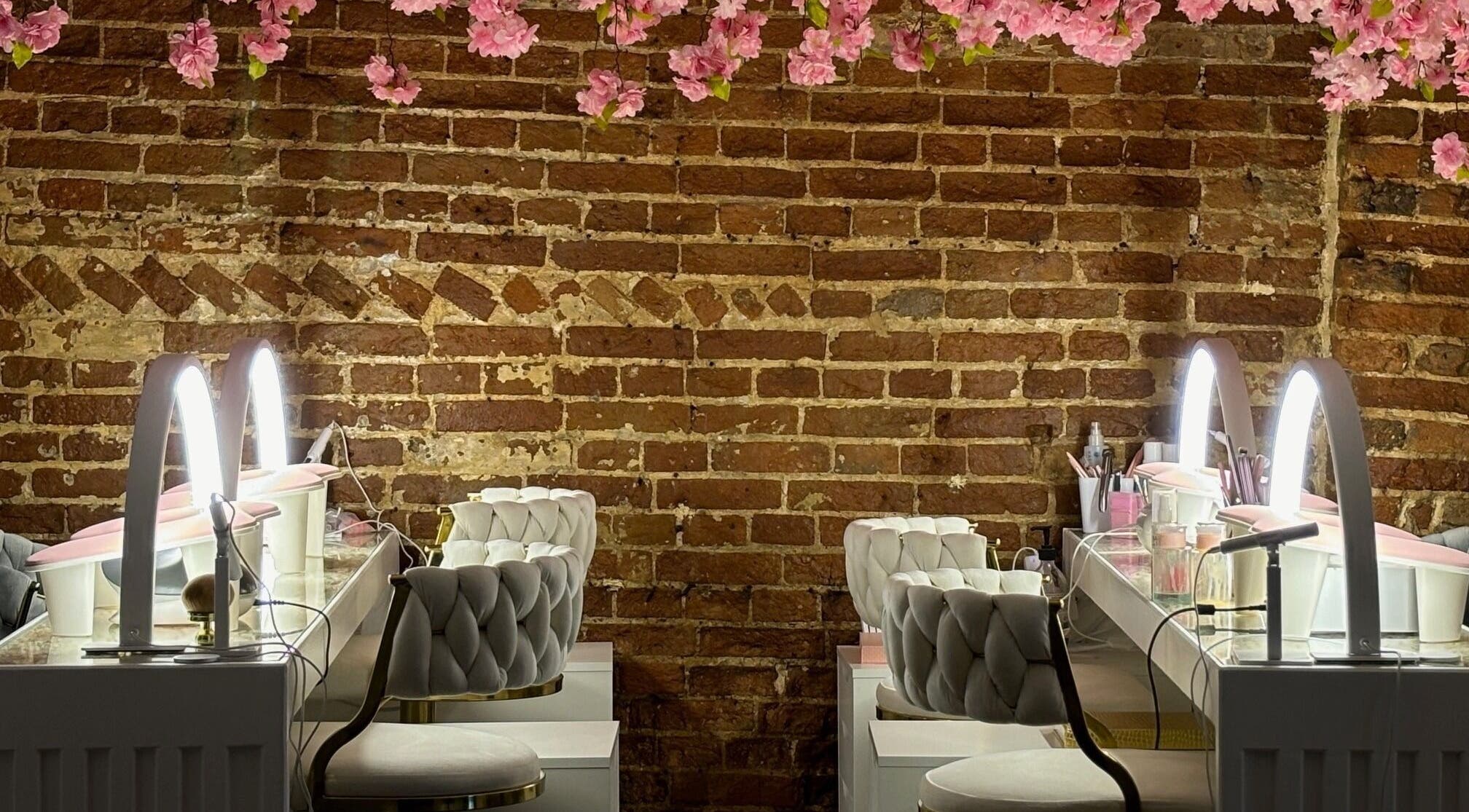 Elegant makeup stations with blossom decor at The Blossom Clinic, Beccles, England, GB.