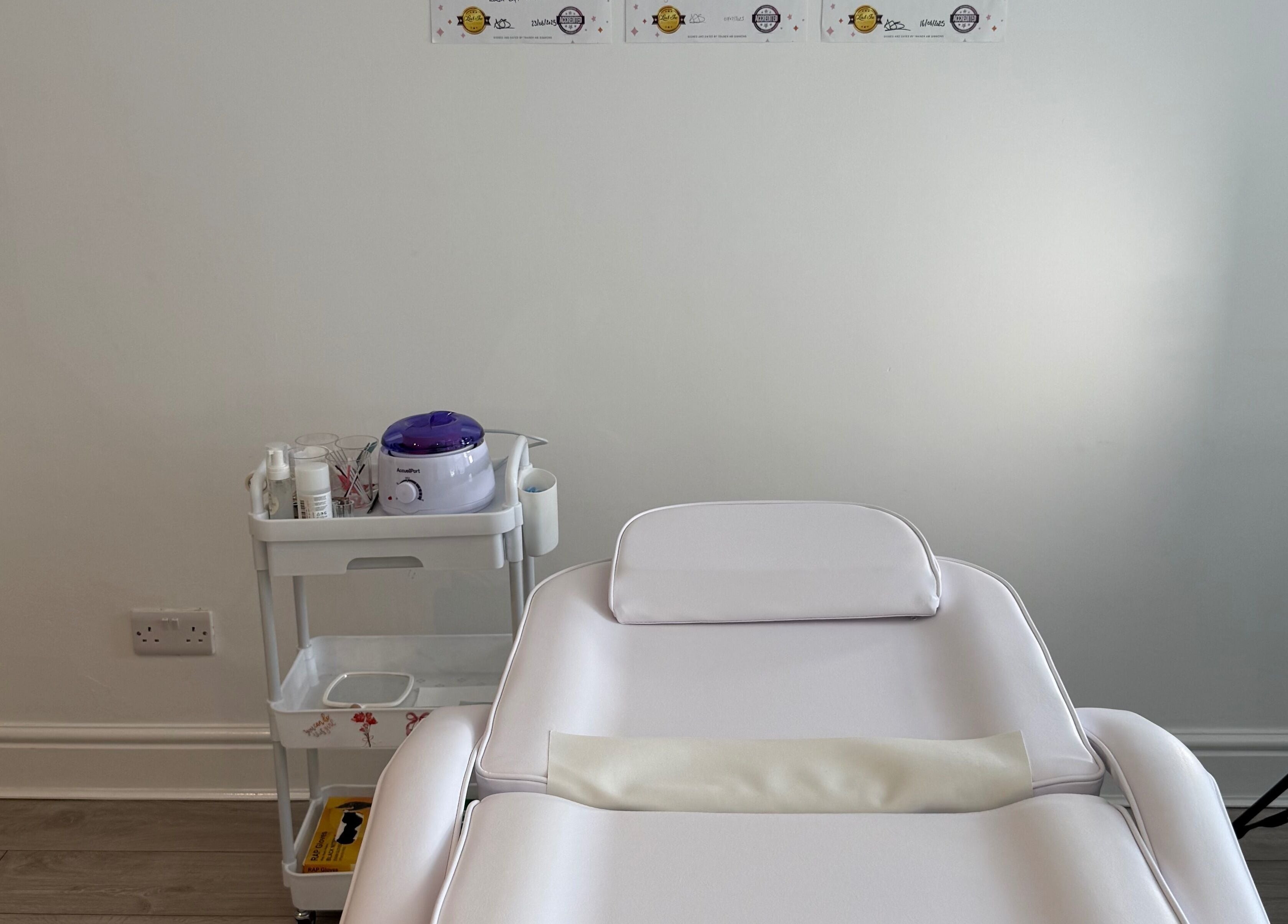 Relaxing treatment bed and equipment at Shoreline Lash Lounge, Bournemouth, England, GB ready for clients.
