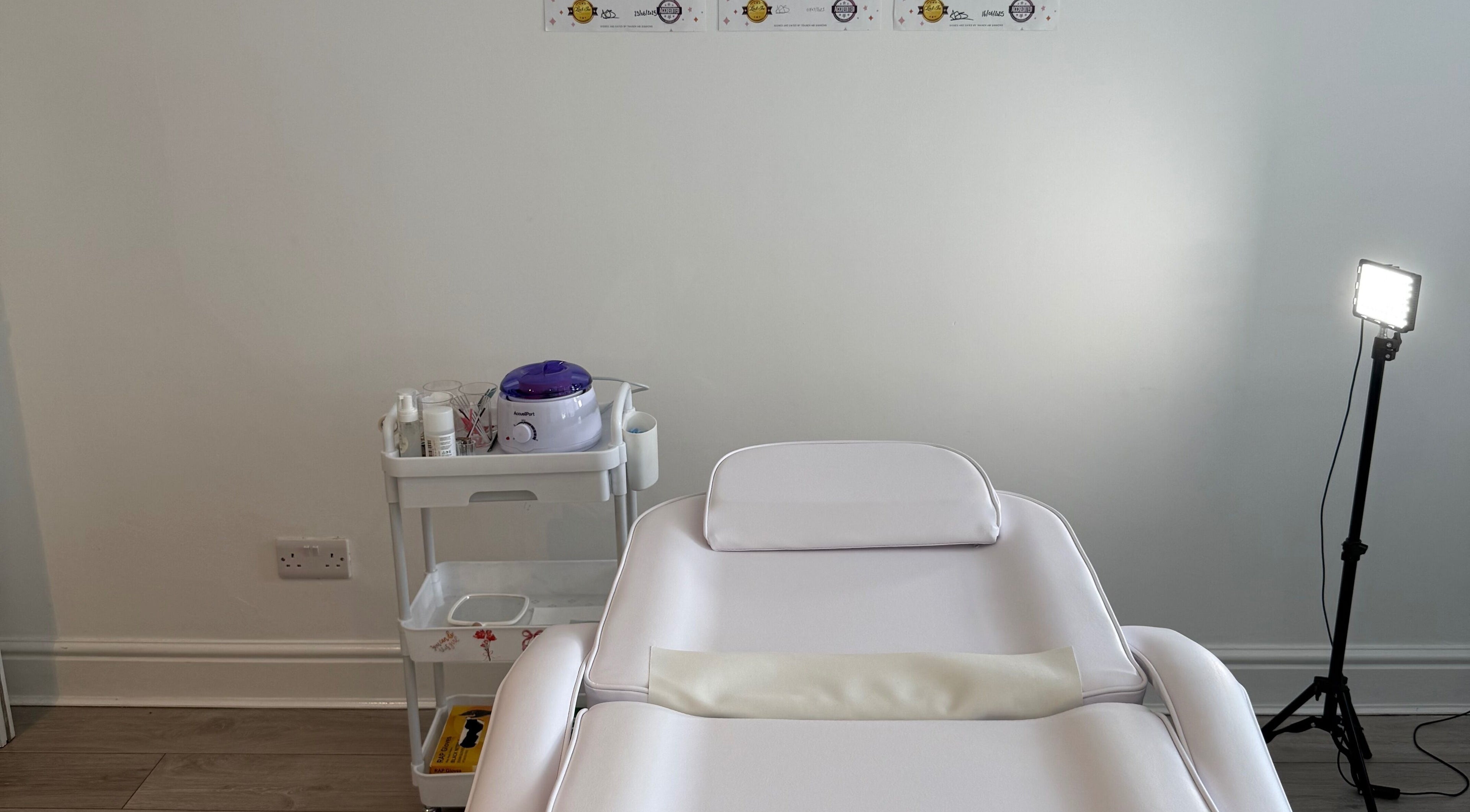 Relaxing treatment bed and equipment at Shoreline Lash Lounge, Bournemouth, England, GB ready for clients.
