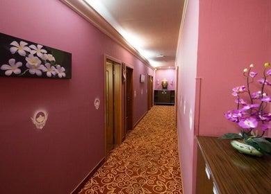 Elegant hallway at Thai Massage Narodni, Hlavní Město Praha, CZ, with floral decor on purple walls.
