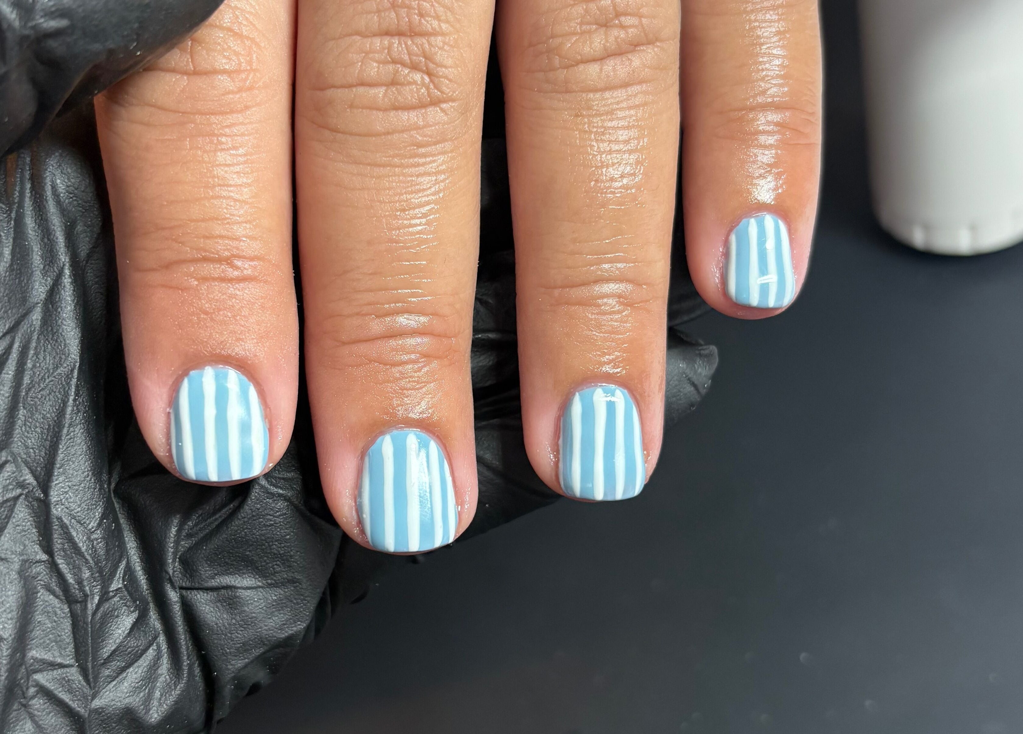 Elegant light blue striped nails at Beck’s Nails - Beauty, Gillingham, England, GB.