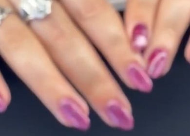 Lavender pink nails with artistic design at Neg’s Nails at SISU, Rochester, England, GB.