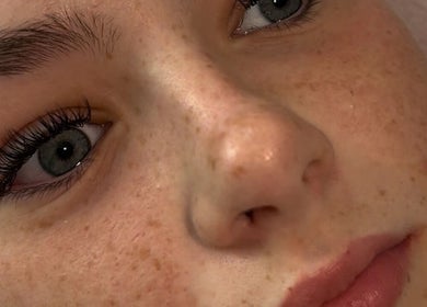 Close-up of eyes and skin showing lash treatment at LSCOSMETICS, Manchester, England, GB.