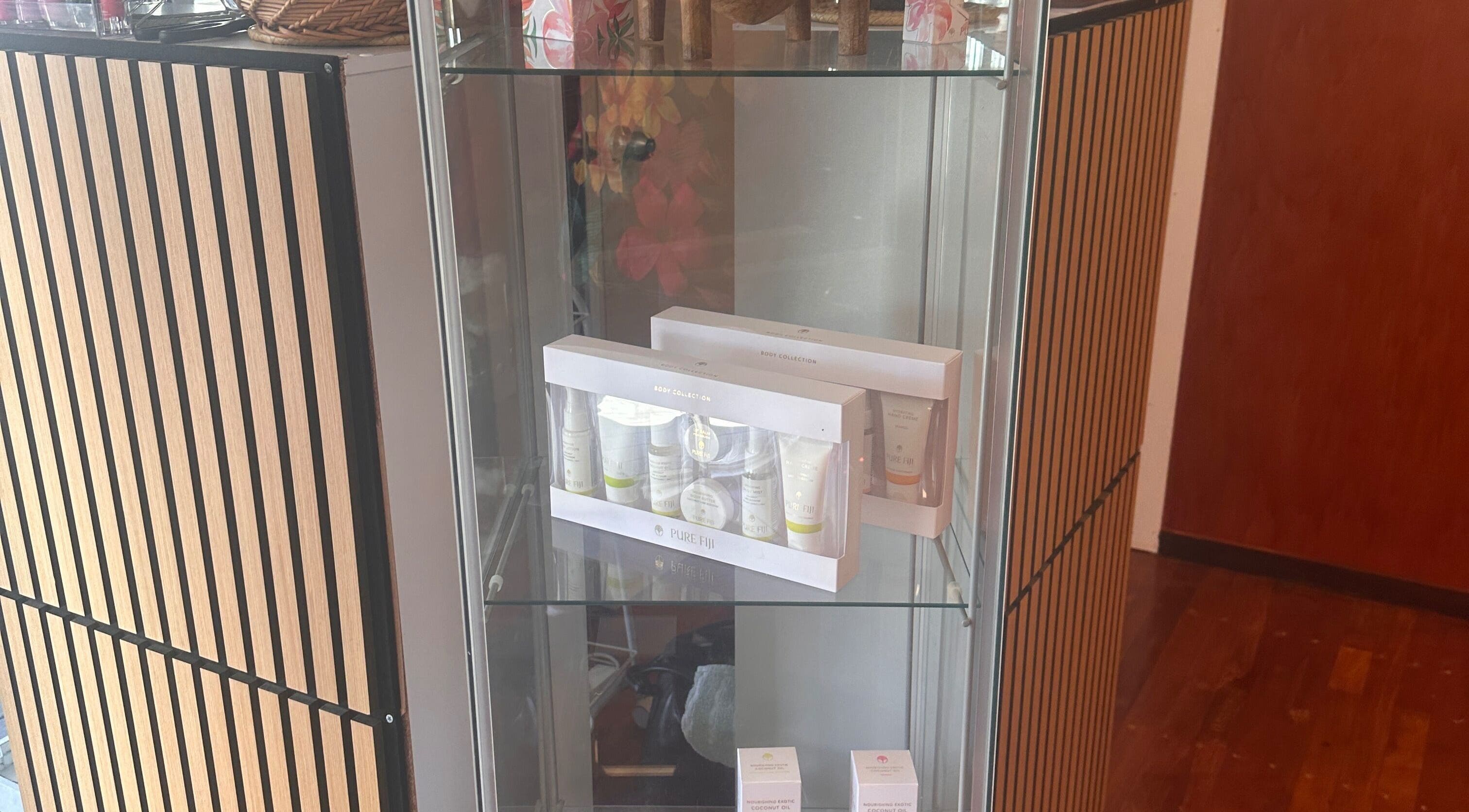 Skincare products showcased in a glass cabinet at Waipu Treatment Room, Waipu, Northland Region, NZ.