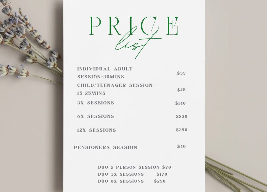 Price list at Spinal Wellness Pambula, Merimbula, New South Wales, AU, showcasing session prices.