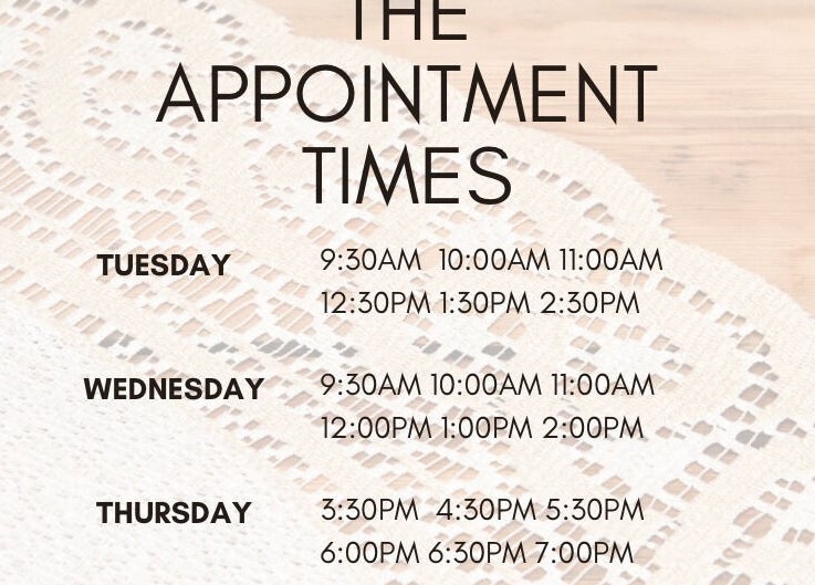Spinal Wellness Pambula appointment times on a lace background in Merimbula, New South Wales, AU.