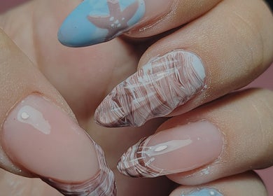 Elegant nail art with blue and starfish design by _maricheenails in Skopje, Greater Skopje, MK.