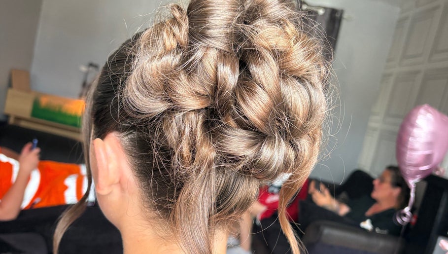 Intricate updo hairstyle by Hair Up by Em in Birmingham, England, GB, showcasing detailed braiding.
