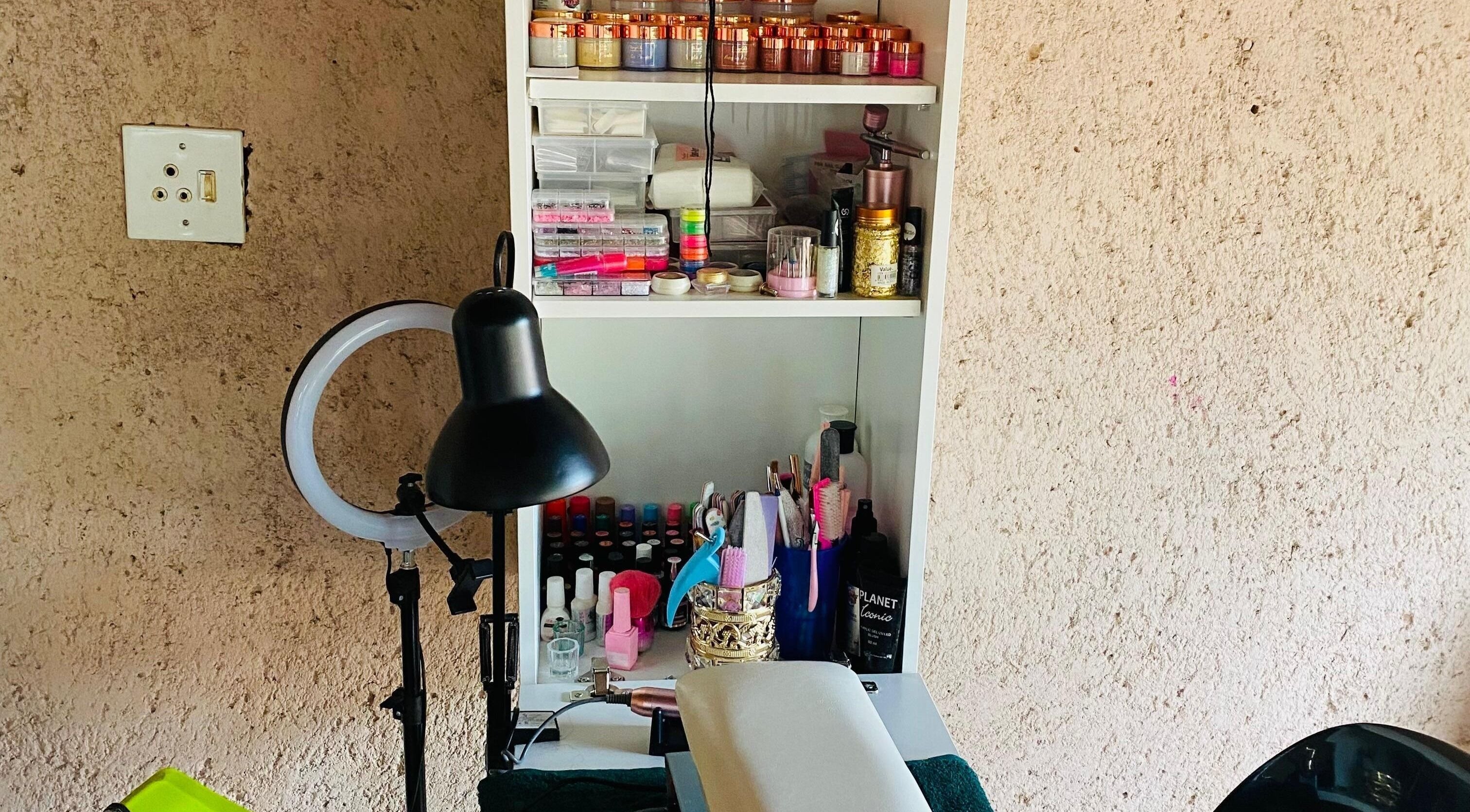 Nail art supplies at BMM BEAUTY BAR, Kimberley, Northern Cape, ZA, showcasing tools and products.