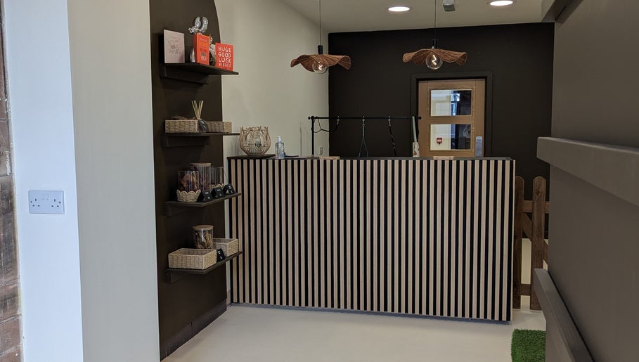 Reception area at Woof & Sip Dog Spa, Moreton, England, GB with striped counter and stylish shelves.