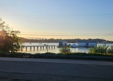 Serene sunset view near Tony's Tried & True Tattoo, Port Orchard, Washington, US, with docks and greenery.